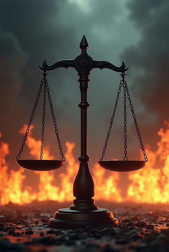 Create an image with an unbalanced scale and flames in the background, representing revenge and emotional struggle.
