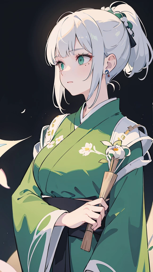 (Best quality,masterpiece:1.2),ultra high resolution,Really,front lighting,complex parts,exquisite details and textures,(1 girl),One,upper body,Green Hanfu,Petal pattern,漂亮的big eyes,a green dress,Beautiful face,For the spectators,tape,cobweb,(young),Facial features,Detailed production,tear mole,White skin,silver hair,high ponytail,I look at the audience,big eyes,(Openwork pattern),Earrings and Nipple Rings,A slim body,White background,Right hand,professional lighting,photon mapping,Radio City,physically based rendering
