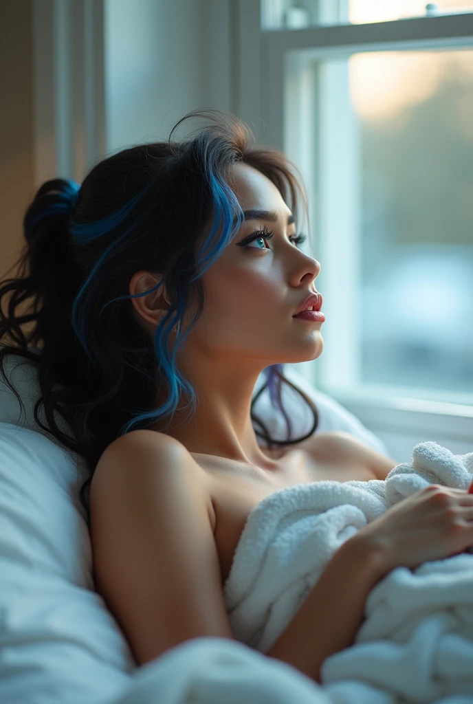 Laying in bed wearing a towel as she looks out the window
a Caucasian-Hispanic mix women, with deep wave curls black hair with, light blue dark blue and blonde combined together blue eyes, Instagram model, black makeup long lashes, big lips, red lipstick nose pierced 30k