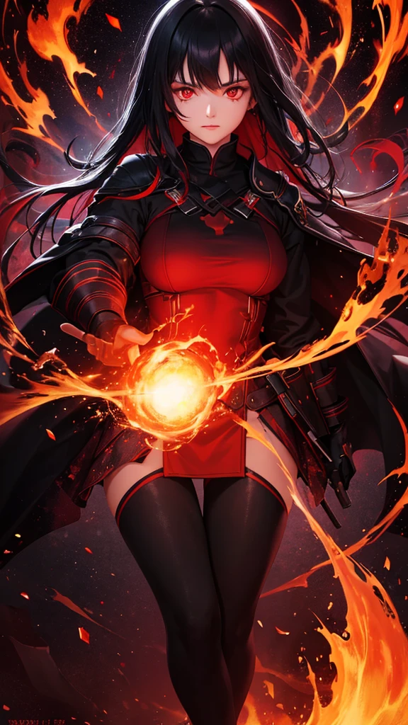 (ultra-detailed, highres, best quality, 8k ultra hd), 1girl, black hair, red eyes, fire witch, blood, light particles, light rays, wallpaper, high contrast, colorful, (big breasts:1.4), black dress, long sleeve, RTX, HDR