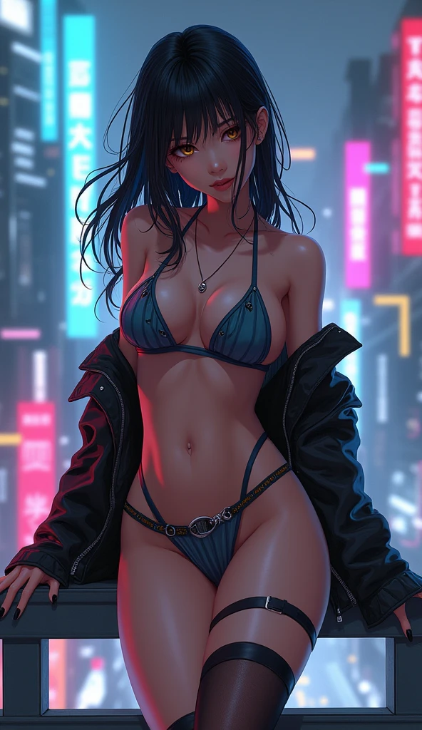 (masterpiece, Best Quality:1.2), 1 girl, Alone, A close-up of a woman in a bikini and jacket posing on a railing, cyberpunk art inspired by Masamune Shirow, trend in artstation, Fantasy Art, cyberpunk anime girl, female cyberpunk anime girl, digital cyberpunk - realistic anime art, seductive anime girl, digital cyberpunk anime art, anime ciberpunk, cyberpunk oppai, cyberpunk anime art
