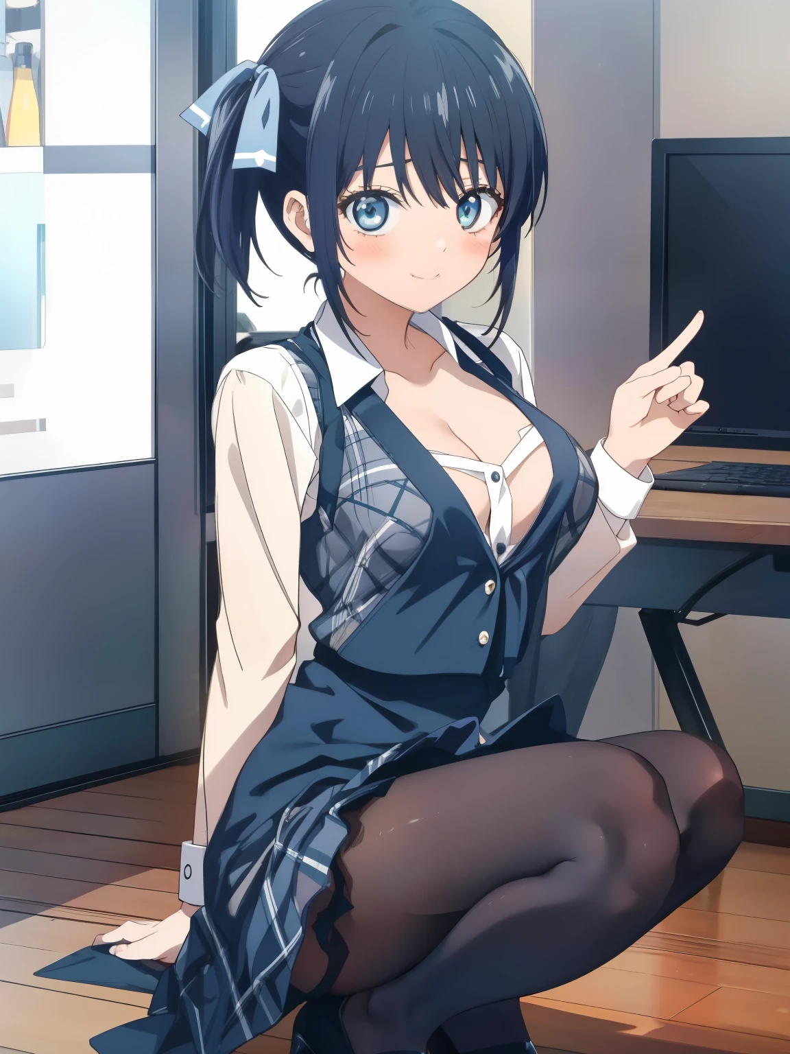 Highest quality, flying debris、Beautiful woman、officeレディー、Black Hair、(Brown eyes、Big Breasts、Blunt bangs)、short hair、Dark blue checked office suit)、new employee,Full Body Shot、Female office lady、break(Dark blue checked vest、White dress shirt、Navy blue mini tight pencil skirt:1.2)、(Black Pantyhose、garter belt、High heels)、break(office:1.3)、Cleavage、Shirt buttons fly off、Absolute area、blush、Embarrassing、Standing posture、Open your mouth、Exposing the breasts、exposing her chest、No pants、Very good、Nipples are visible、Exposing the nipples、 (Perfect hands, Perfect Anatomy), I'm smiling at you、Nagisa Minase、Accurate Fingers、