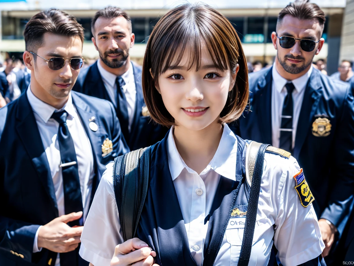 (elevation)(Stewardess Uniform)Mix 4,Very detailedな (8k, RAW Photos, 最high quality, masterpiece: 1.45), (Realistic, Realistic: 1.37), (Ultra-high resolution)(Textured skin)(Very detailed)(high quality)(最high quality)(First Person View)Cute Woman,smile ,airport,short hair,(sex with multiple men:1.5),
