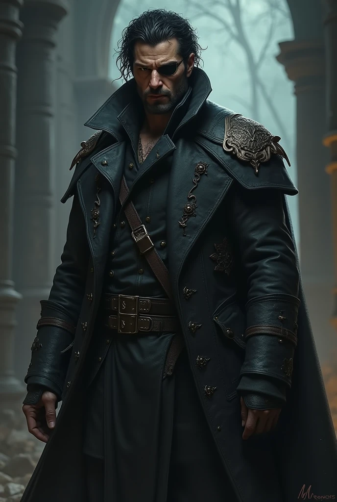 Realistic Rogue Male Man with Black Hair, with an eye patch on one eye and wearing a dark fantasy style overcoat