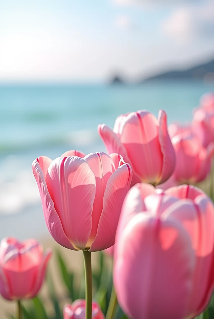 create an image for gmail email background, good quality, with pastel pink backgrounds and the sea, must contain tulips in pink tones
