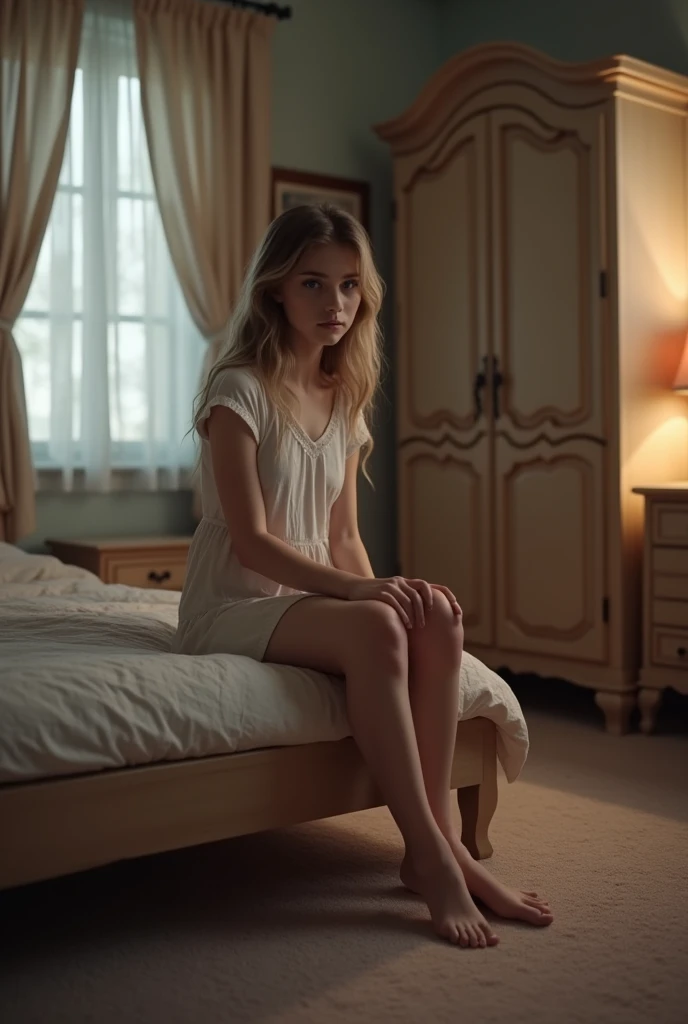 18, eighteen years old, naked, nude, bedroom, cute bum, slim, looking at camera, bedroom, wardrobe, drawers, lamp, curtains drawn, double bed, photorealistic, realistic, European, English, short height, small height, blue eyes, nighttime, night, night time, sitting on edge of bed, mouth closed, closed mouth, looking at camera, looking into camera, short height, young, closed mouth, mouth shut, girly bedroom, girls bedroom, youthful, young girl,