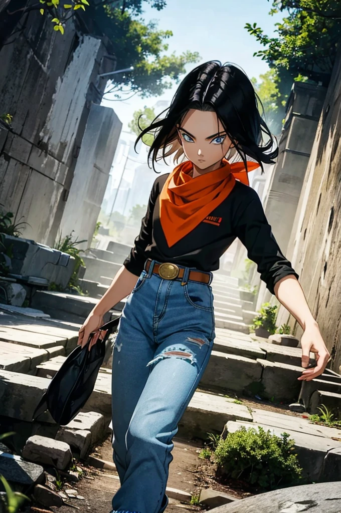 A masterpiece, best quality, detailed and expressive eyes, perfect facial features, high resolution, 1 boy, alone, android 17-inspired boy, (male body:1.3), blue eyes, black hair, parted hair, short hair, black shirt, jeans, layered shirt, white sleeves, orange bandana, blue sneakers, green socks, brown belt, red freckles, outdoor, landscape, standing, portrait, looking at viewer