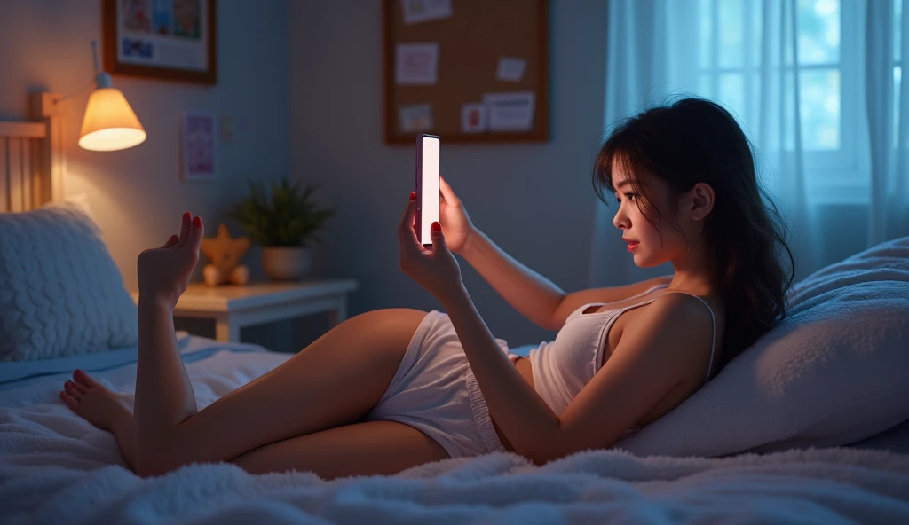 captured from behind:1.3, 16yo petit curvaceous girl laying on her side on a cute girly bed, stunning, cutest, wearing skimpy revealing pajamas, unaware of the camera capturing her from behind, alluring curvature of her pert derriere, best thigh gap, back dimples, looking at her bright phone screen, taking a lewd selfie for her boyfriend, night bedtime scene, (highly detailed, photorealistic, 8K, HDR, masterpiece, award winning:1.3), natural lighting, cool colors, beautiful detailed face and eyes, long eyelashes, glowing skin, intricate details, aesthetic, erotic, sensual, suggestive, gorgeous, corkboard, nightstand, wall hangings, rug, physically-based rendering, perfect anatomy, (girl emotions: embarrassed, nervous, coy), (viewer emotions: intrigued, enticed, fascinated, spellbound, aroused), voyeuristic

