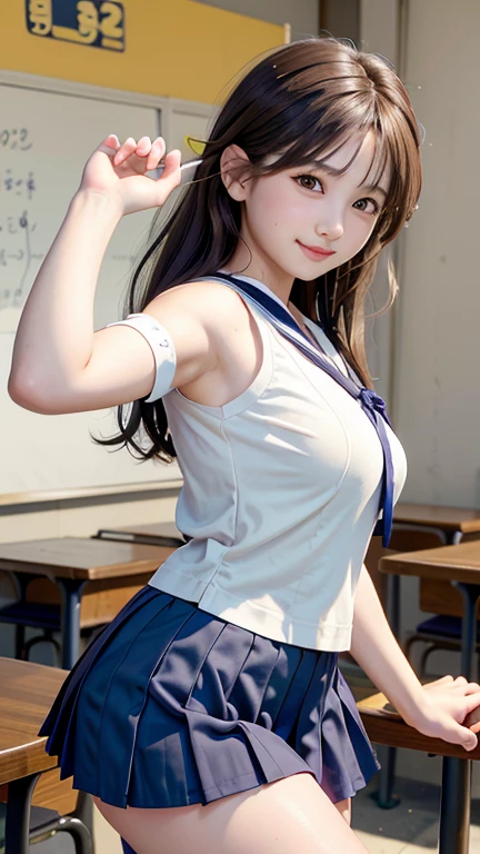 (Highest quality,masterpiece:1.3,Ultra-high resolution),(Very detailed、Caustics) (Realistic:1.4, RAW shooting、)Ultra-Realistic Capture、Very detailed、Natural skin texture、masterpiece、( high school sailor suit:1.3)、Short-sleeved sailor uniform、1 Japanese girl、Adorable expression、Expressions of happiness、、Young Face、Amazingly cute、Twin tails、Curly Hair、Black Hair、Scrunchie、light makeup、Breasts so big that they almost burst、Bare arms、This photo was taken in a middleroom...、Shining thighs、Shooting from the side、smile、An inviting gaze、The exact number of fingers on each hand、Cowboy Shot、