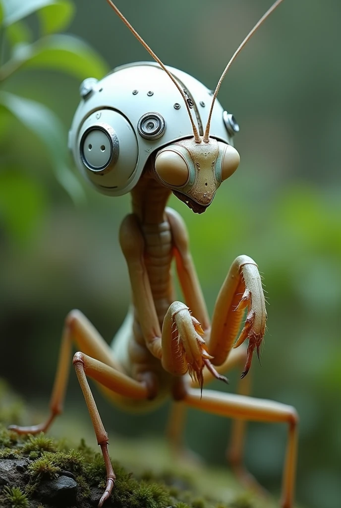 create a praying mantis with a white environmental engineer helmet