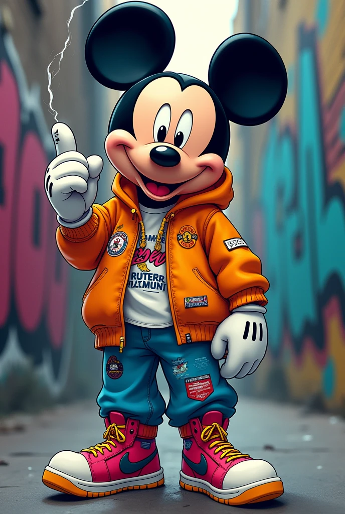Mickey Mouse with hype beast clothes smoking