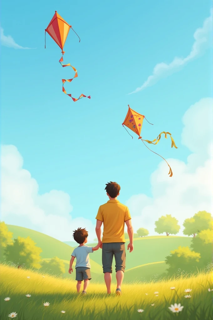 Father and son playing kites together