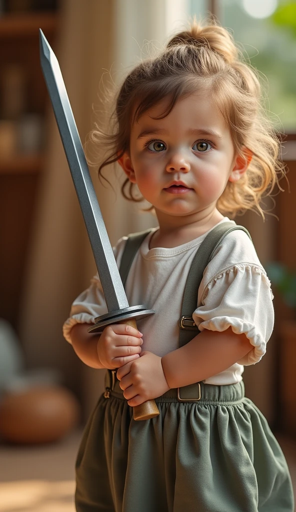 Create a UHD photorealistic image, no 3D style image, no animation style, no Pixar style animation, of a 24-month-old girl named Léonore, standing confidently with a toy sword in a playful setting. Captured with a 70mm f/2.8 lens to highlight her strong and determined expression. Ensure exactly five fingers, no 3D style image, no animation style, no Pixar style animation.