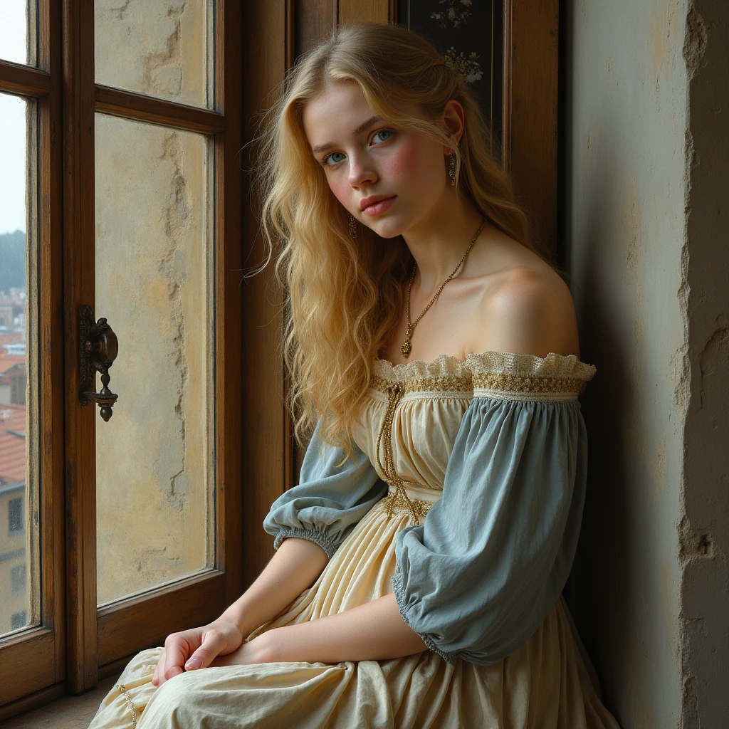 Arafed woman in a dress sitting by a window looking out - SeaArt AI