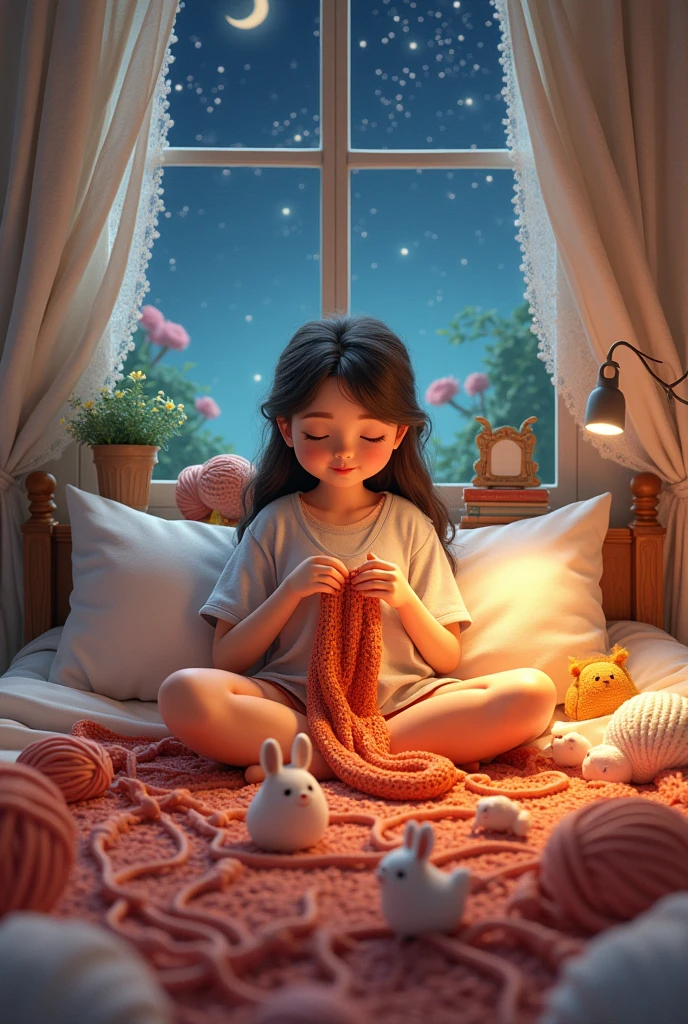 Woman knitting bed animated
