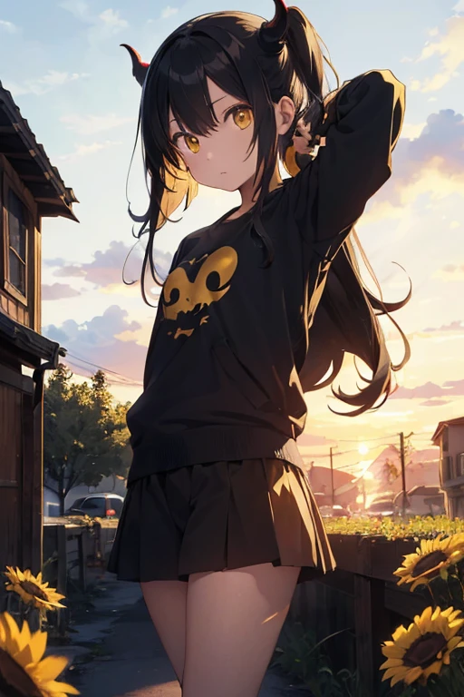 1 female, devil girl, as a child, , black jacket, t-shirt, yellow jean, yellow long hair, devil horn, small legs, sunset sky, flowers