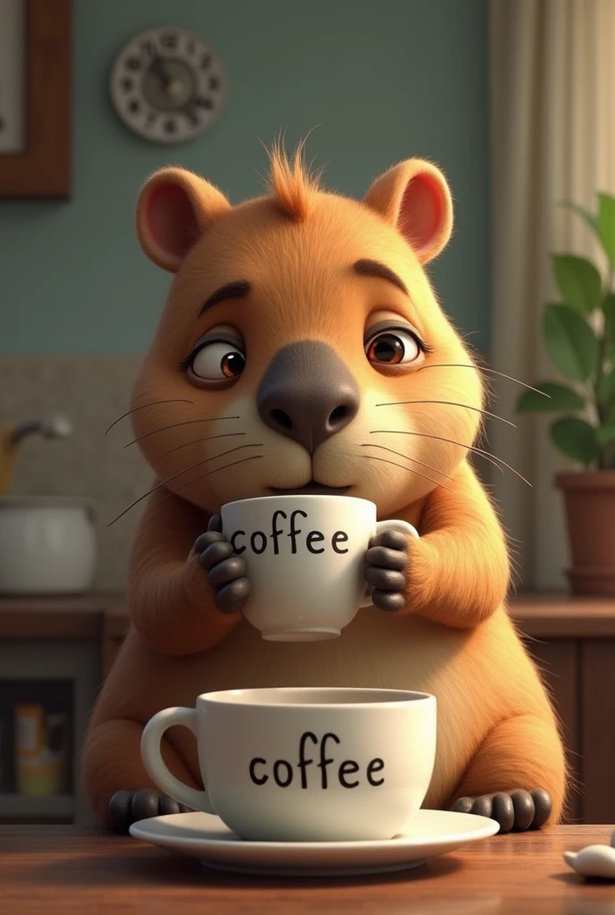 A tired-looking capybara drinking a cup of coffee, with a writing "coffe"