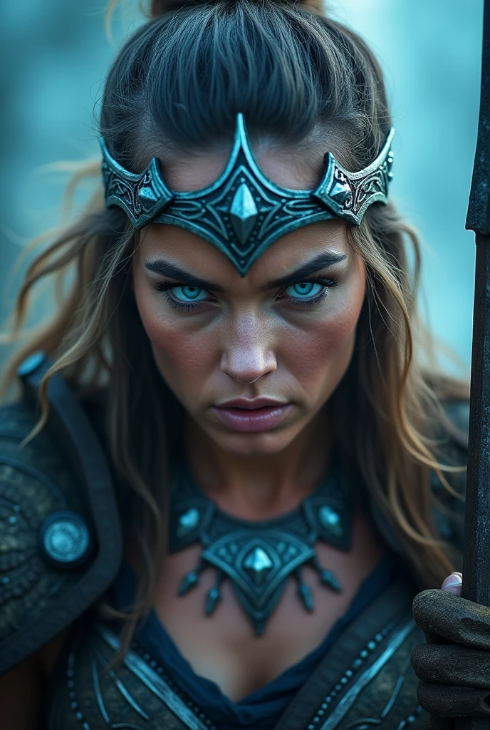 Close up face beautiful viking woman, spear and shield in hand , strong blue light in the eyes, war crown , tribal design on the eyes, Angry, beautiful neck necklace, battle armor, with hate, shouting out loud