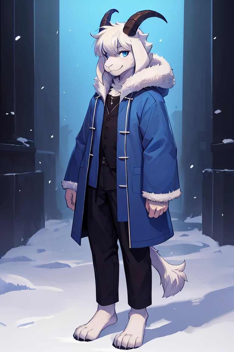 a man, alone Asriel, Undertale (Asriel Dreemurr), smile, eskimo coat (blue coat), tall, hairy, anthropomorphic, blue eyes (black blouse, black pants), goat's foot, paw with metacarpus (short tail, anthropomorphic tail, short tail, bushy tail, anthro goat tail, hairy), hair (bangs on the right side), barefoot, short horns. ((Detailed, tail detail, short tail, face detail, best quality))