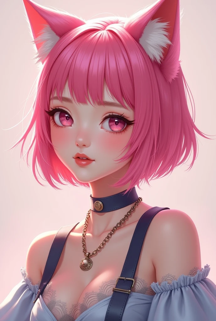 young woman with short pink hair (a wolf cut) with Asian features and wearing cute clothes