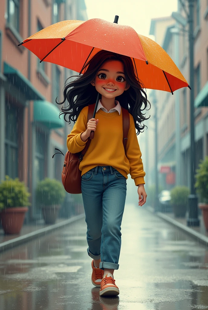 Drawing of a smiling latina girl with a backpack, with reserved dress, with umbrella in the rain