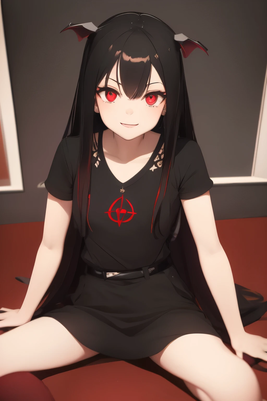 A cute vampire sitting on your bedroom floor, hellspawn vampire, black straight hair, crimson eyes, location: Middle of your room, sitting cross-legged, burned pentagram into your carpetfloor [Detailed background, 8k]