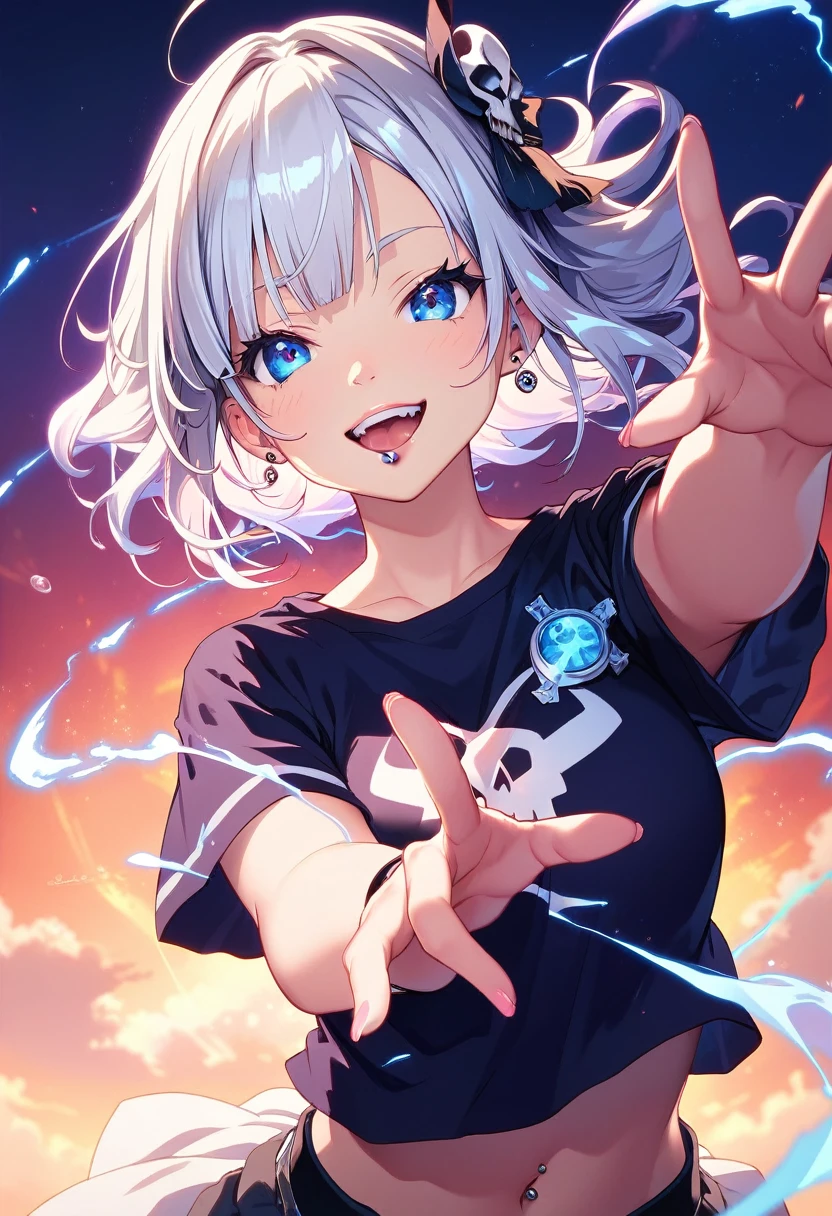 Visualize a (((dramatic evil god with silver hair and piercing blue eyes))), interwoven with glowing runes that form swirling magic circles, reaching above his shoulders in a graceful arc, as if suspended by an ethereal power. He wears a (((black T-shirt with skull-and-crossbones buttons))), with its ominous design accentuating the aura of malevolence, coupled with a wicked smile and a chuckle that resonates with malevolent intent, drawn with the meticulous details and refined lines evocative of a classic McFarlane illustration