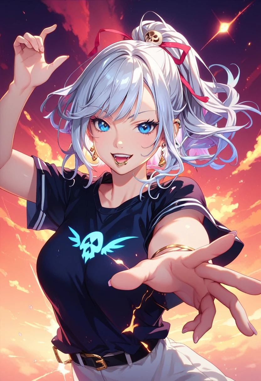 Visualize a (((dramatic evil god with silver hair and piercing blue eyes))), interwoven with glowing runes that form swirling magic circles, reaching above his shoulders in a graceful arc, as if suspended by an ethereal power. He wears a (((black T-shirt with skull-and-crossbones buttons))), with its ominous design accentuating the aura of malevolence, coupled with a wicked smile and a chuckle that resonates with malevolent intent, drawn with the meticulous details and refined lines evocative of a classic McFarlane illustration