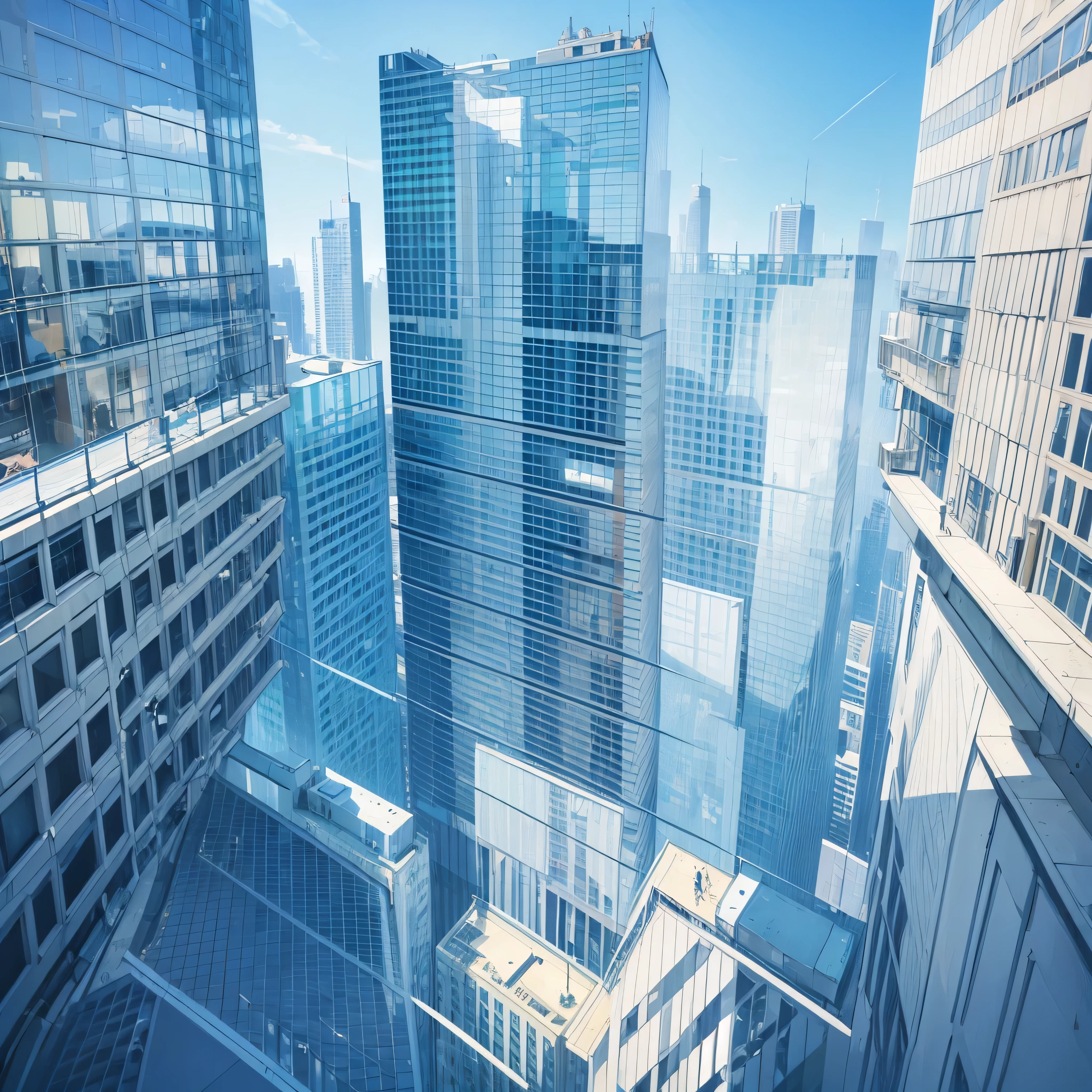 landscape, no human, looking down glass walled skyscrapers, bluesky, sunshine. morning