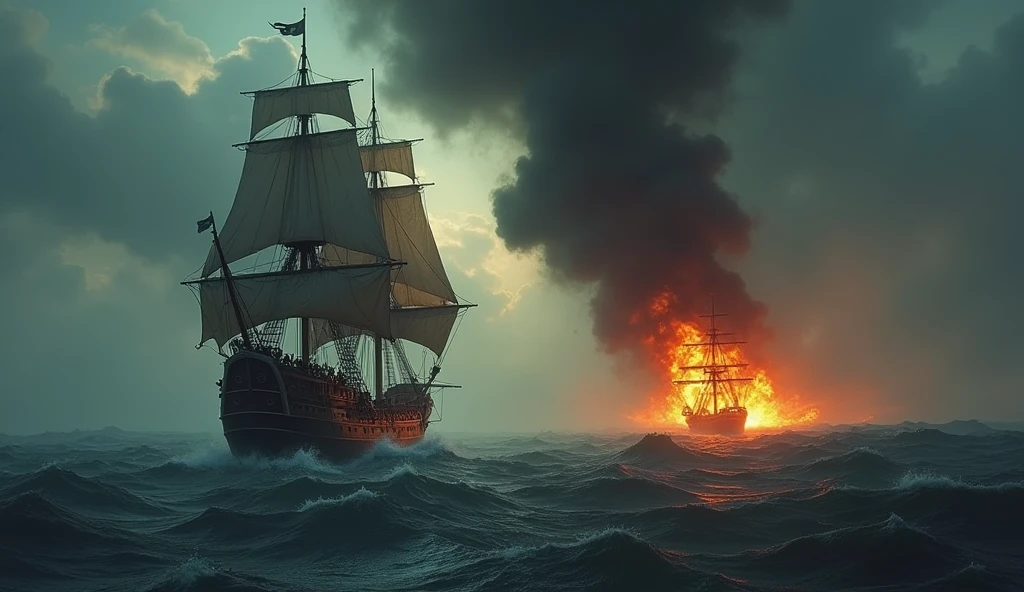    A pirate ship sailing away from a burning vessel in the distance. The sky is dark, with smoke rising from the fire. The scene conveys a sense of moral conflict, with the pirate ship representing both the potential for freedom and the capability for cruelty. 18th century pirate ship scenery