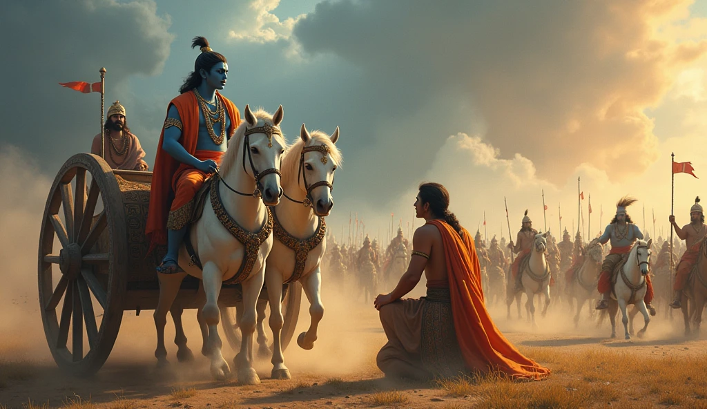 "Create a scene from the Mahabharata, where Lord Krishna is delivering the Bhagavad Gita to Arjuna on the battlefield of Kurukshetra. Krishna, with his blue skin and radiant aura, is seated on a majestic chariot, holding the reins of white horses. Arjuna, dressed in warrior attire, is kneeling before Krishna, looking up with a mix of confusion and reverence. The background features a vast battlefield filled with warriors, chariots, and dust clouds under a dramatic sky, highlighting the intensity of the moment. The scene captures the divine calmness of Krishna and the tension of the impending war."