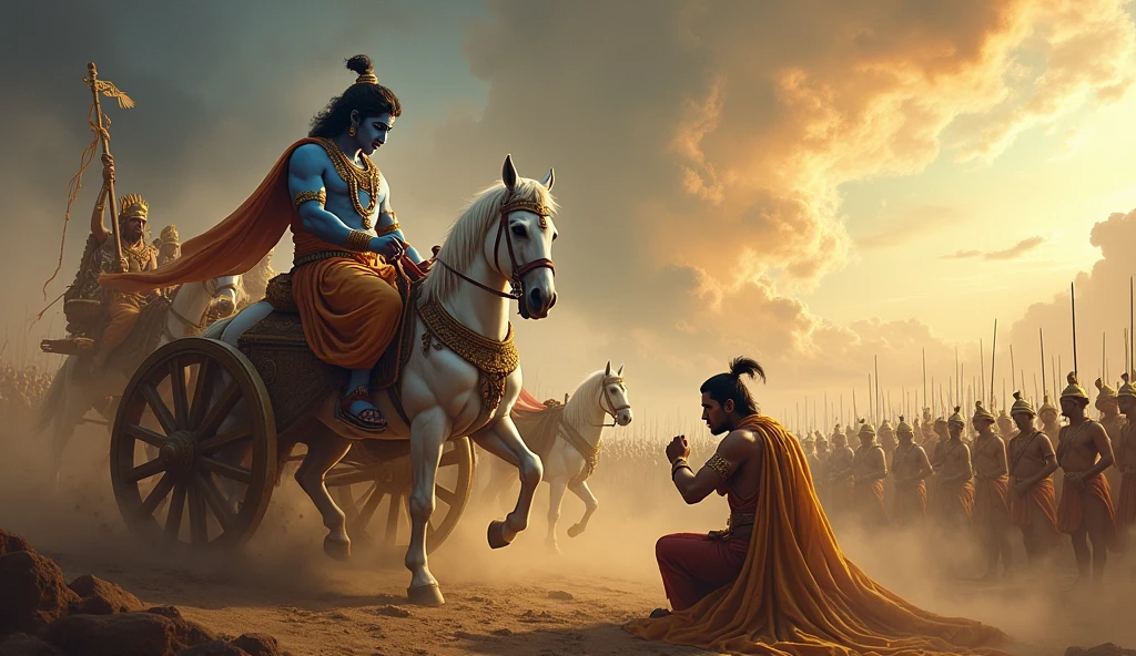 "Create a scene from the Mahabharata, where Lord Krishna is delivering the Bhagavad Gita to Arjuna on the battlefield of Kurukshetra. Krishna, with his blue skin and radiant aura, is seated on a majestic chariot, holding the reins of white horses. Arjuna, dressed in warrior attire, is kneeling before Krishna, looking up with a mix of confusion and reverence. The background features a vast battlefield filled with warriors, chariots, and dust clouds under a dramatic sky, highlighting the intensity of the moment. The scene captures the divine calmness of Krishna and the tension of the impending war."