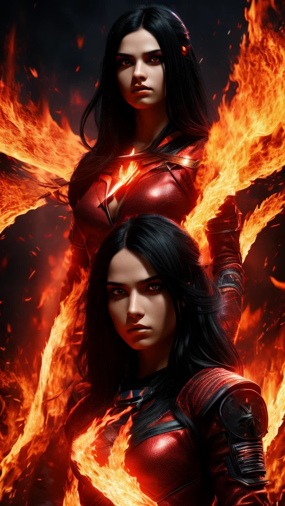 1girl, black hair, red eyes, fire witch, blood, light particles, light rays, wallpaper, high contrast, colorful, fire colour is bule and 8×12 in 4k