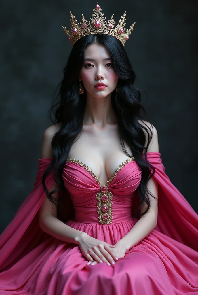 Majestic pink queen woman sitting black hair with a m