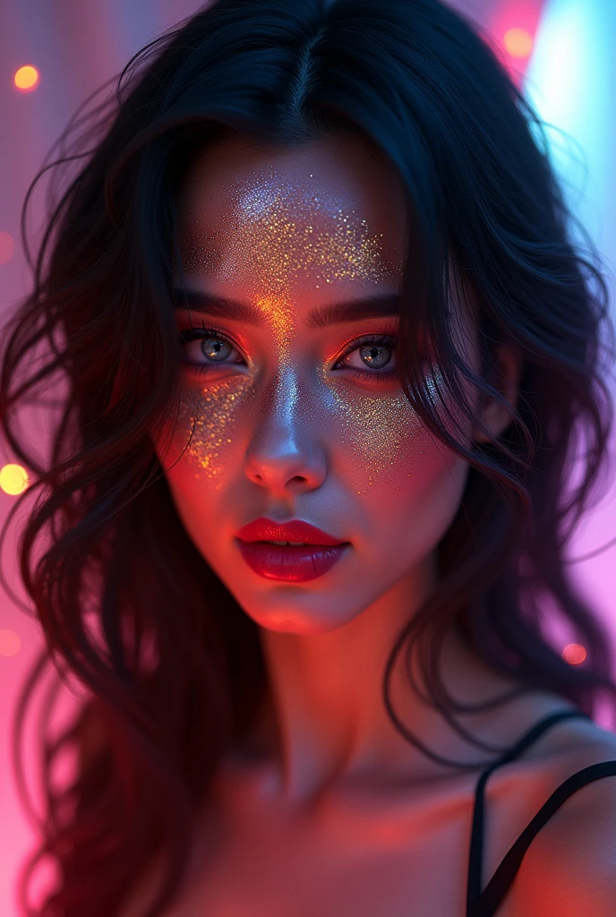 arafed woman with gold and glitter on her face, glowing magical shiny skin, glowing face, 8k artistic portrait photography, brandon woelfel, glowing with colored light, beautiful digital artwork, unreal engine : : rave makeup, beautiful fantasy portrait, fantasy portrait, cgsociety portrait, artem demura beeple, stunning digital illustration, glowing details, red theme