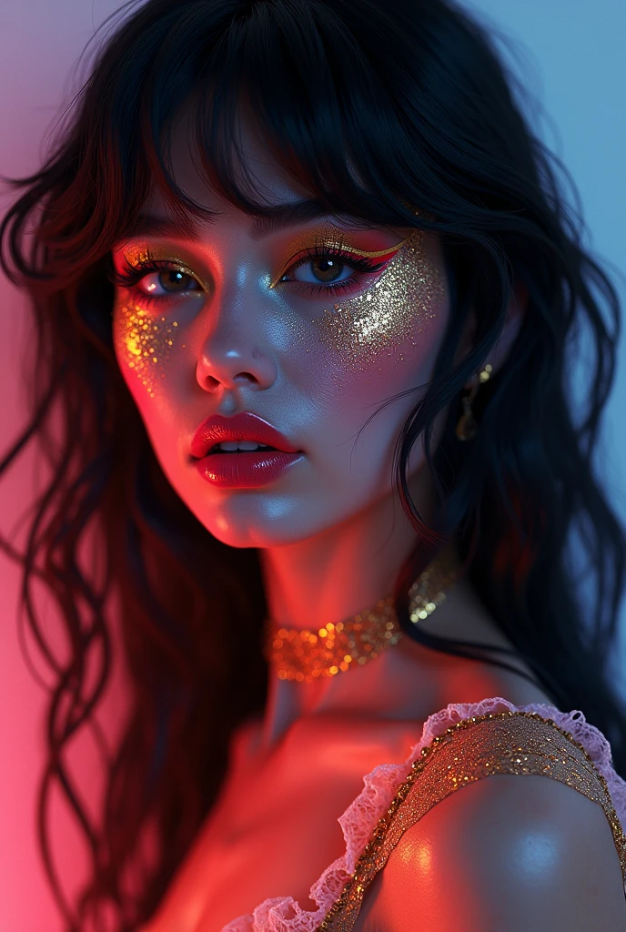 arafed woman with gold and glitter on her face, glowing magical shiny skin, glowing face, 8k artistic portrait photography, brandon woelfel, glowing with colored light, beautiful digital artwork, unreal engine : : rave makeup, beautiful fantasy portrait, fantasy portrait, cgsociety portrait, artem demura beeple, stunning digital illustration, glowing details, red theme