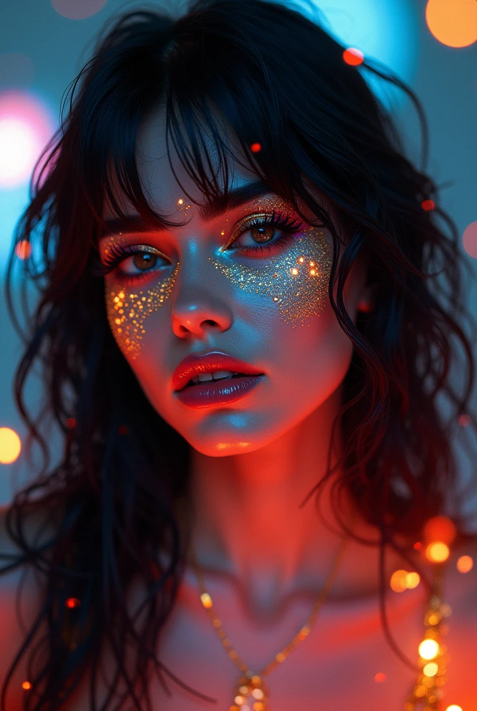 arafed woman with gold and glitter on her face, glowing magical shiny skin, glowing face, 8k artistic portrait photography, brandon woelfel, glowing with colored light, beautiful digital artwork, unreal engine : : rave makeup, beautiful fantasy portrait, fantasy portrait, cgsociety portrait, artem demura beeple, stunning digital illustration, glowing details, red theme