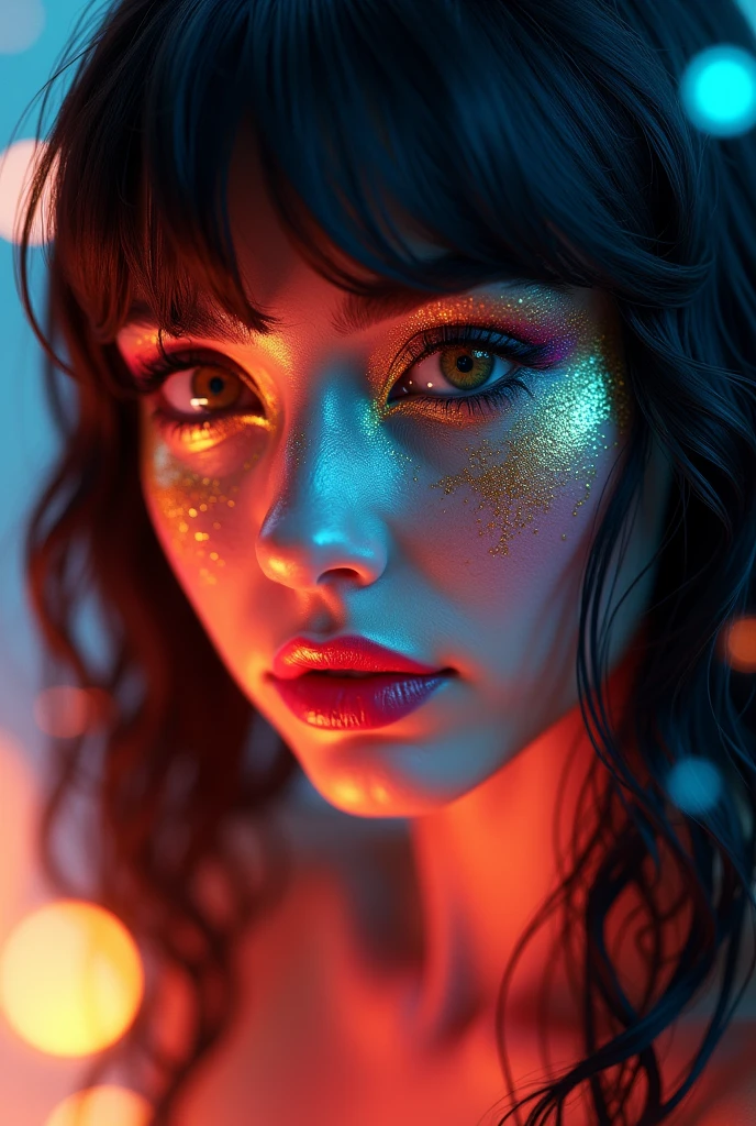 arafed woman with gold and glitter on her face, glowing magical shiny skin, glowing face, 8k artistic portrait photography, brandon woelfel, glowing with colored light, beautiful digital artwork, unreal engine : : rave makeup, beautiful fantasy portrait, fantasy portrait, cgsociety portrait, artem demura beeple, stunning digital illustration, glowing details, red theme