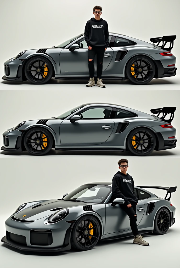 Realistic HD photo from different angles of a Nardo gray Porsche GT3 RS with yellow calipers and a spoiler, Sporty diffuser and side skirts in carbon fiber, and leaning on him a young man with square glasses and short curly hair with a taper fade cut and a black Nike sweatshirt, ripped black pants and nike, and the Porsche comes out completely