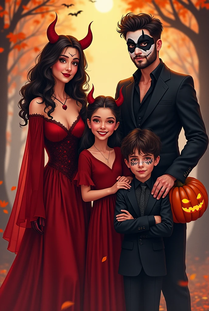 A family of four dressed in Halloween costumes, including a woman dressed as a devil, a girl dressed in red, a boy dressed in black and a man with face paint and a pumpkin accessory all of them happy