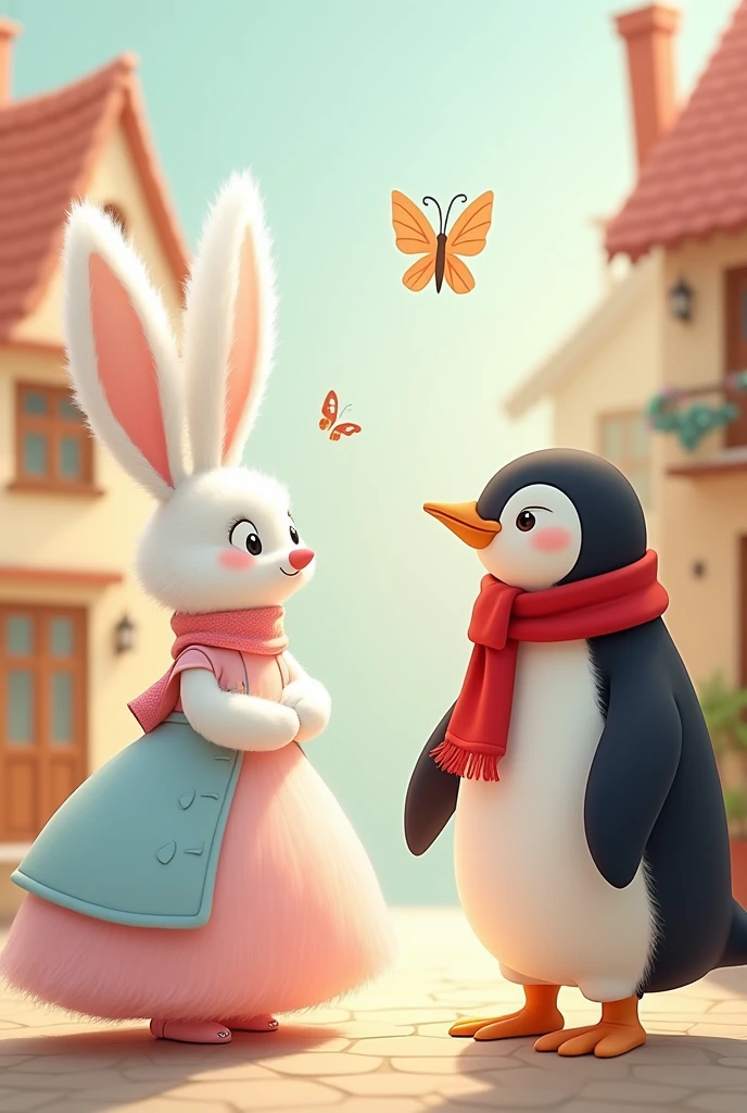 Create illustration of a white fluffy tall female animal bunny in a gown in soft shades of pink and blue from the back. She is talking to a tall penguin. Penguin is wearing a red scarf. Bunny and penguin are happy and 2 butterflies are fluttering above them. The scene should be in a cozy village. Storybook illustration, cartoon illustration. Vector 2d Illustration