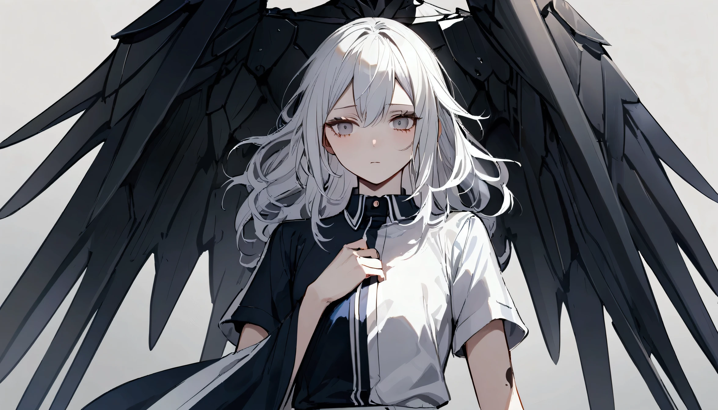 girl, tidy hair, medium length hair, multicolored black and white hair, middle stripe, gray eyes, face neutral, dark blue shirt, loose white short sleeve overcoat, gray tattoos on the body, Iron wings.
