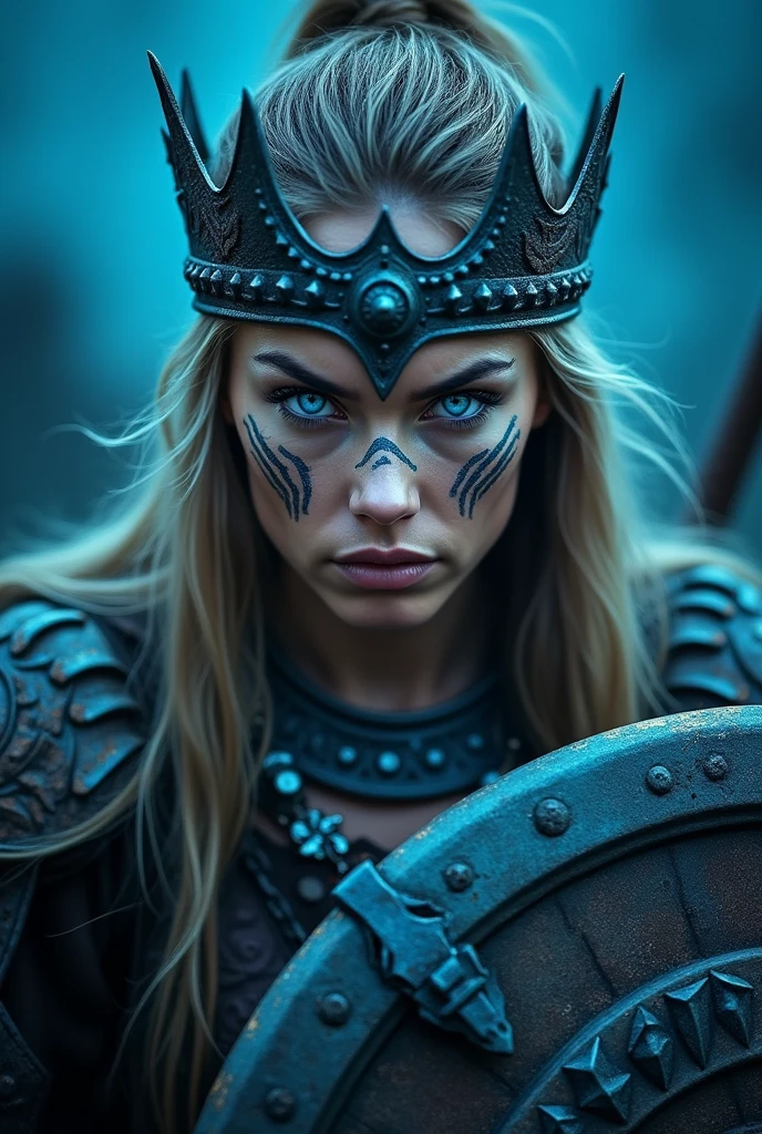 Close up face beautiful viking woman, axe and shield in hand , strong blue light in the eyes, war crown , tribal design on the eyes, Angry, beautiful neck necklace, battle armor, with hate, shouting out loud