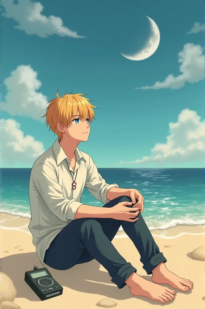 Blonde Park Jimin sitting on a beach in the sand with his knees bent, that he looks from the side and his face reflects sadness and peace at the same time while he watches the sun meet the moon in the sky, that there is a small voice recorder on your side, and this is on a letter, and in her hands she holds a necklace that has two rings.