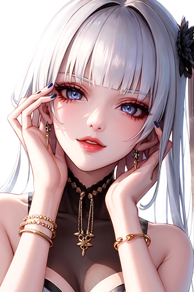 1 girl, standing alone, long hair, looking ahead at viewer, ssmile, blue colored eyes, hair ornament, white background, jewerly, White hair, cloused mouth, Blunt bangs, glaze, bracelet, lips, grey-eyed, portraite, red nails, close up, red lips, hands on own face, hands on own cheeks,(mature woman),(shining skin),((steaming body))