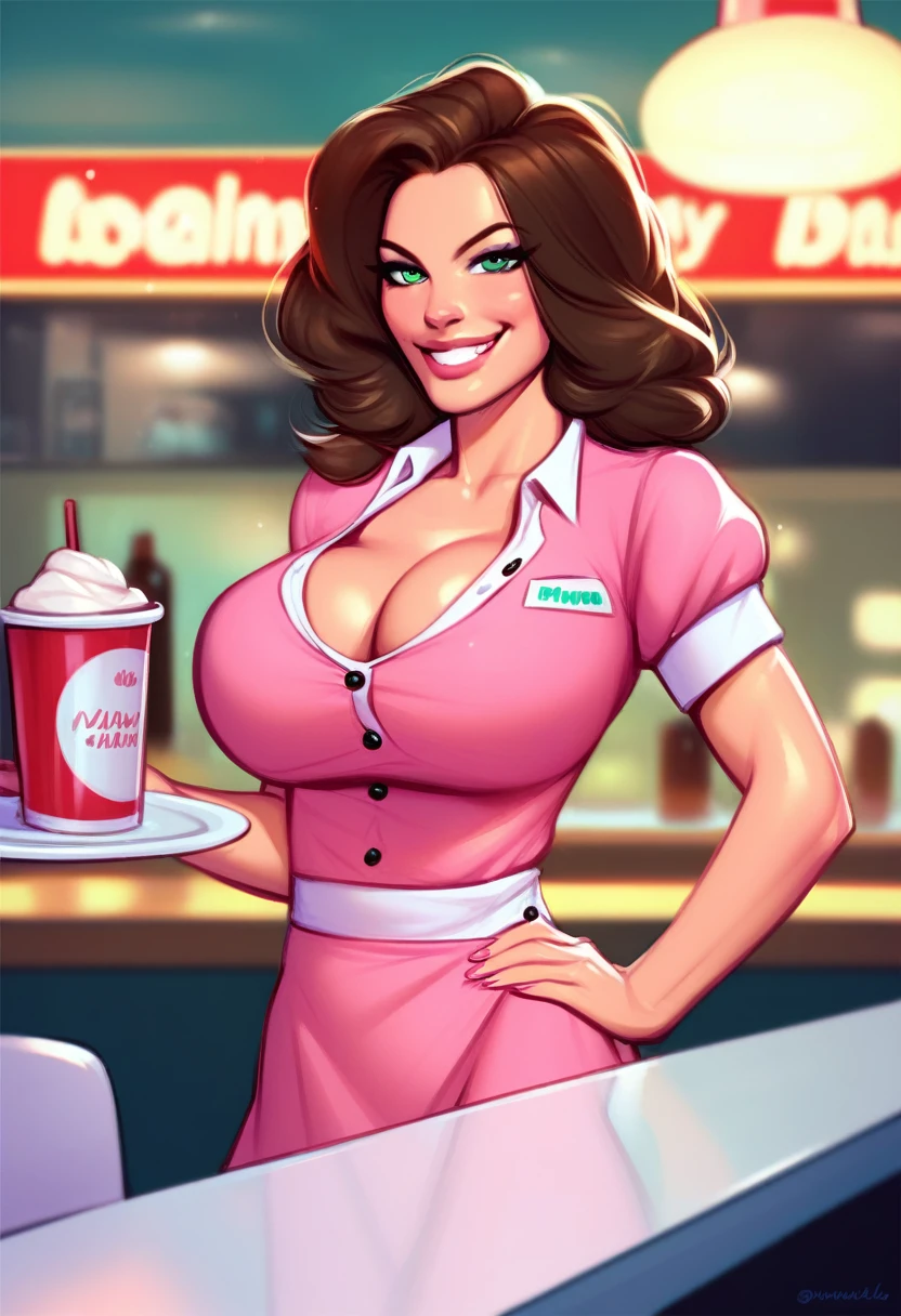 Score_9_up, score_8_up, score_7_up, BREAK, 1girl, solo, anniehigmnf, brown hair, green eyes, pink dress, waitress uniform, apron, diner, large breasts, cleavage, hands on hip, looking at viewer, smirking