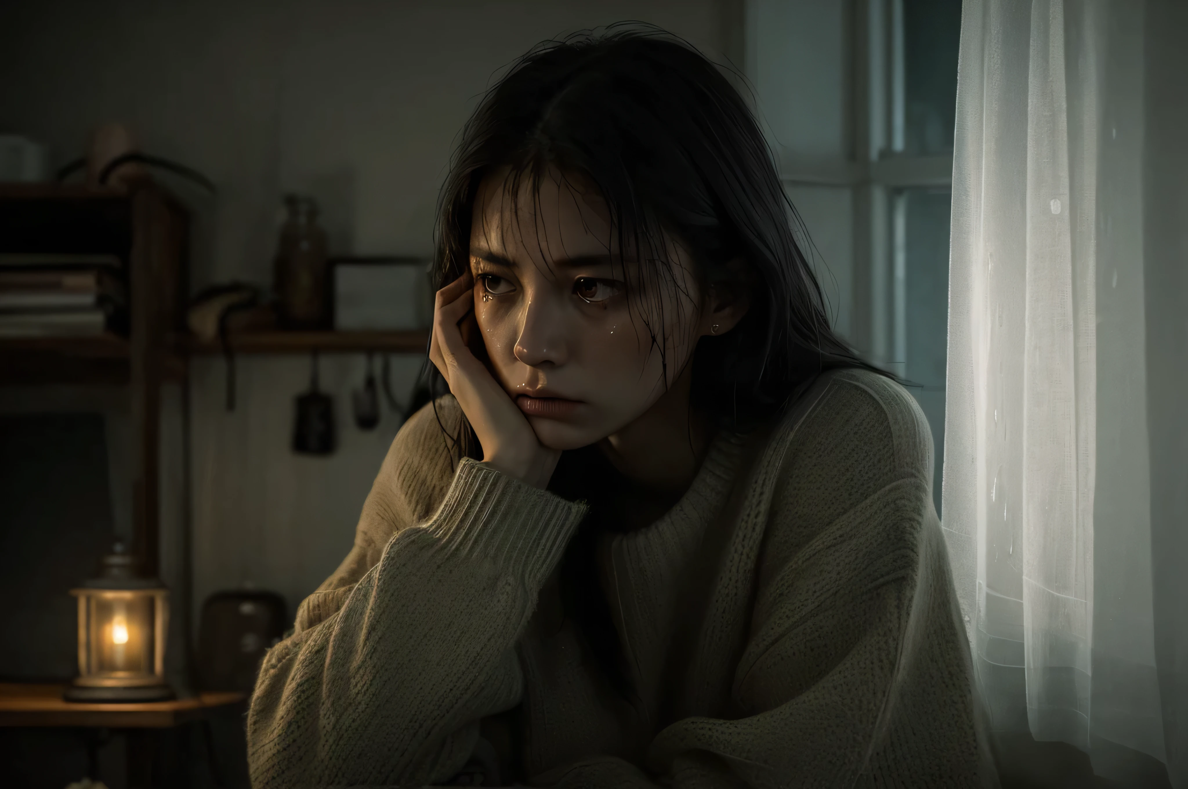 A solitary woman, her face illuminated by a single, soft lamplight, sitting at a rain-streaked window, tears tracing paths down her cheeks, wearing a worn-out sweater, surrounded by scattered photographs, in a dimly lit, cluttered room, hyperrealistic, cinematic lighting, emotional depth, lonely