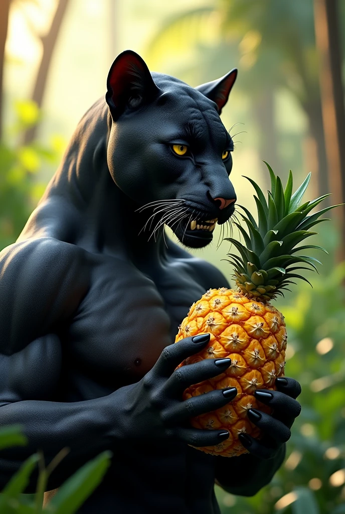 Humanoid panther eating pineapple