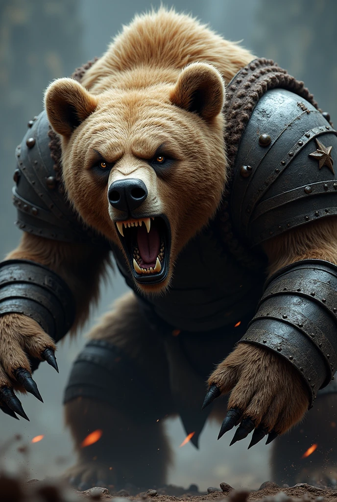 close up face angry warrior bear, claws showing, attacking, viking armor, kick