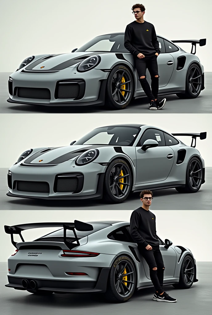 Realistic HD photo from different angles of a Nardo gray Porsche GT3 RS with yellow calipers and a spoiler, Sporty diffuser and side skirts in carbon fiber, and leaning on him a young man with square glasses and short curly hair with a taper fade cut and a black Nike sweatshirt, ripped black pants and nike, and the Porsche comes out completely